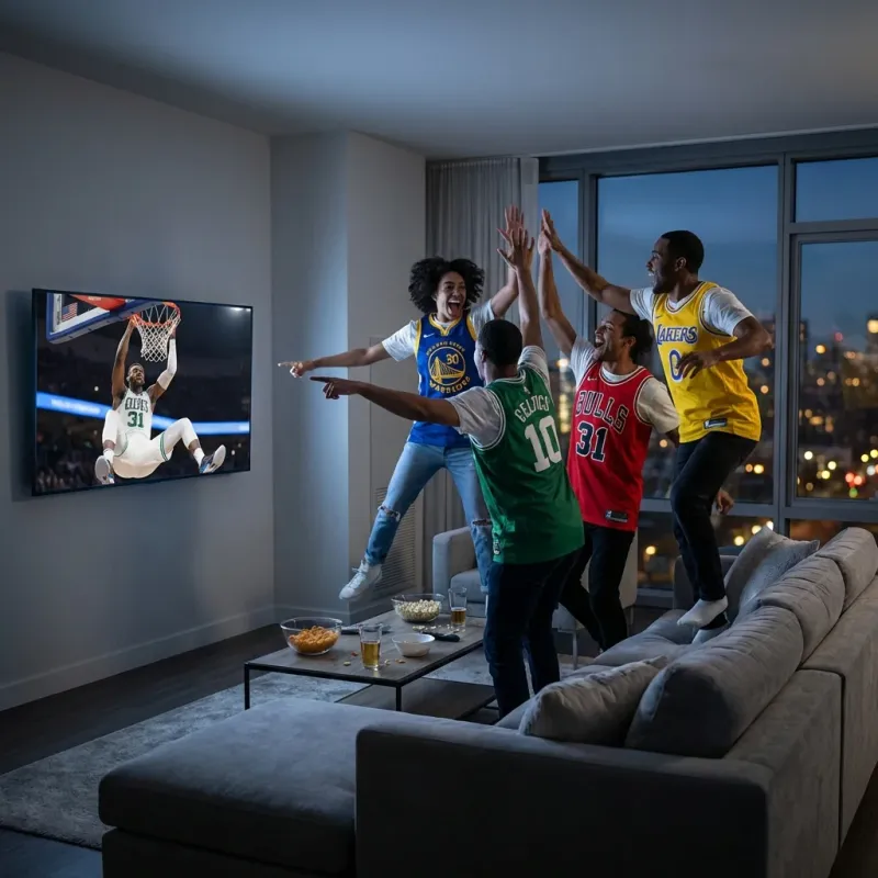 NBA fans reacting to a slam dunk on TV